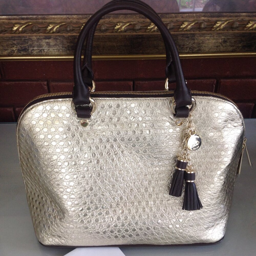 Brahmin Vivian Gold Dot/Brown Leather Dome Satchel Hand Bag